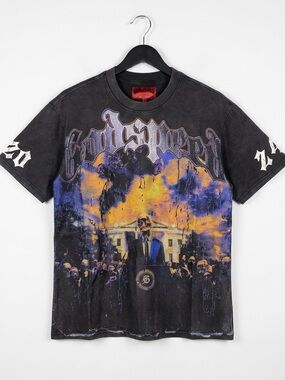Black Godspeed Graphic Men’s Tee with Orange & Blue Print